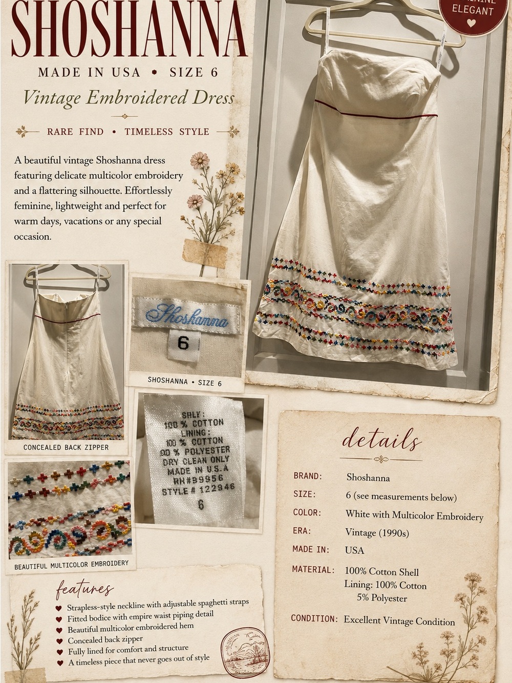 Vintage Shoshanna White Strapless Cotton Mini Dress with Multicolor Embroidery